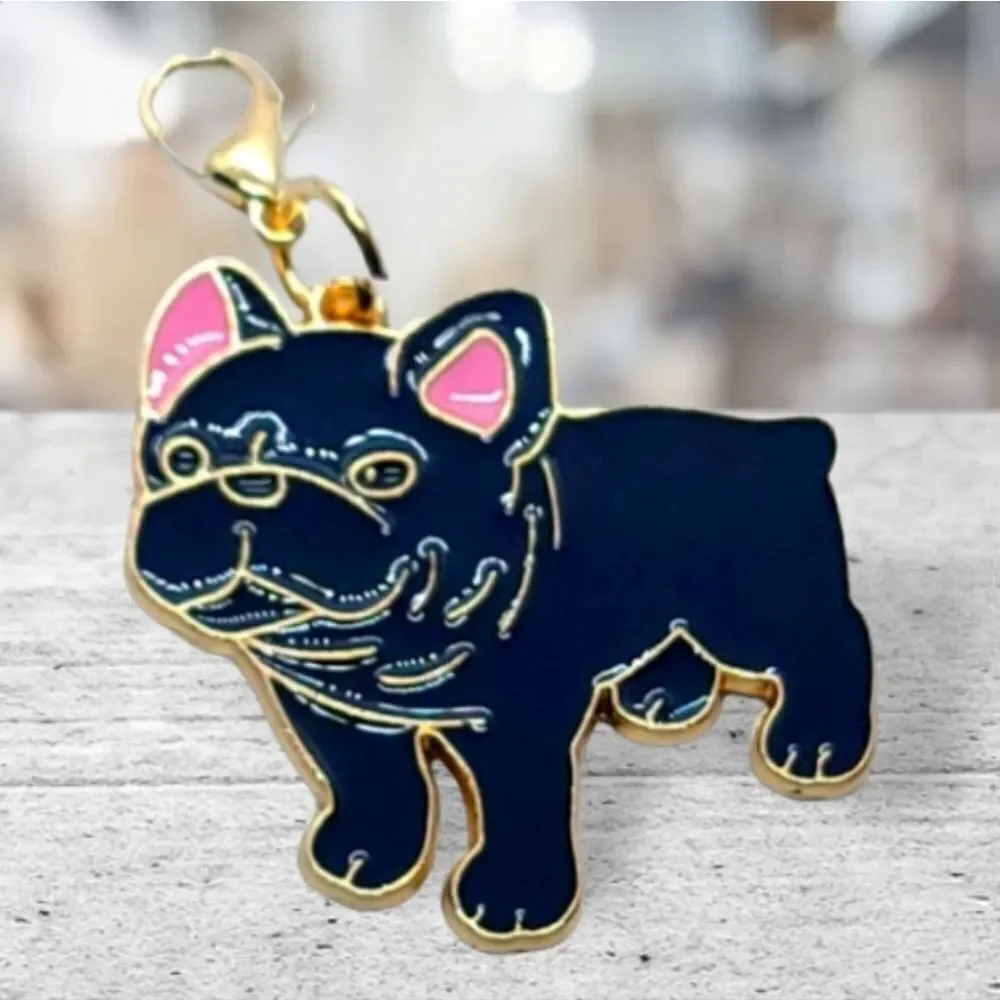 French Bulldog Bag Charm Keychain Black Gold Dog Mom Frenchie Purse Clip